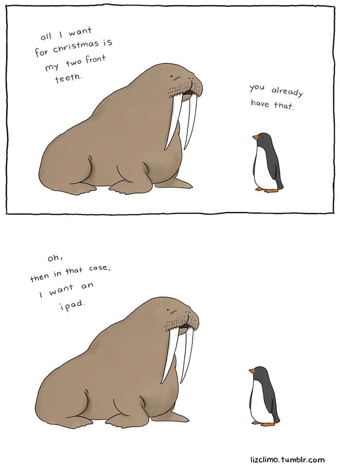 Walrus and penguin in funny Christmas comic about holiday gifts and front teeth. Walrus and penguin in funny Christmas comic about holiday gifts and front teeth.